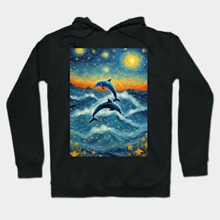 Dolphins and Sunset Painting in a Van Gogh Starry Night Art Style Hoodie